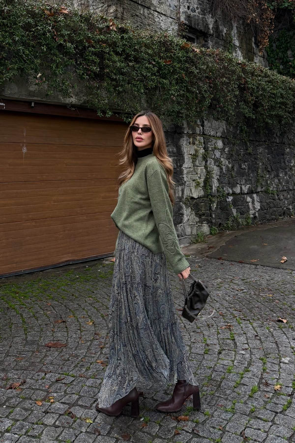 Yeşil Etnik Desenli Şifon Etek - 251102