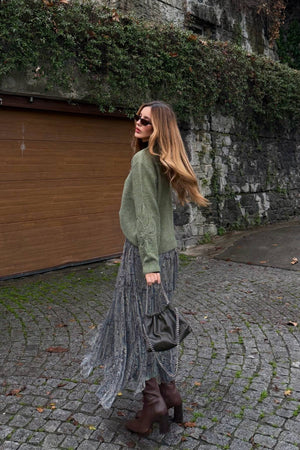 Yeşil Etnik Desenli Şifon Etek - 251102