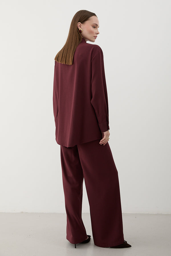 Bordo Gold Aksesuar Düğmeli Gömlek Pantolon Takım - 8856