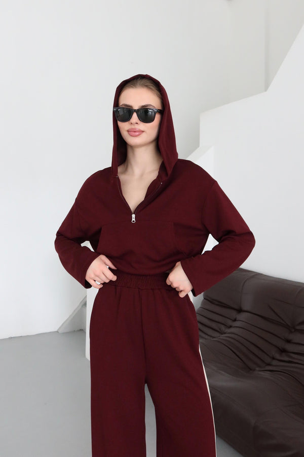 Bordo Kapüşonlu Garnili Takım