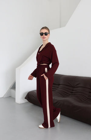 Bordo Kapüşonlu Garnili Takım