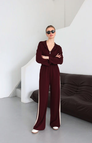 Bordo Kapüşonlu Garnili Takım