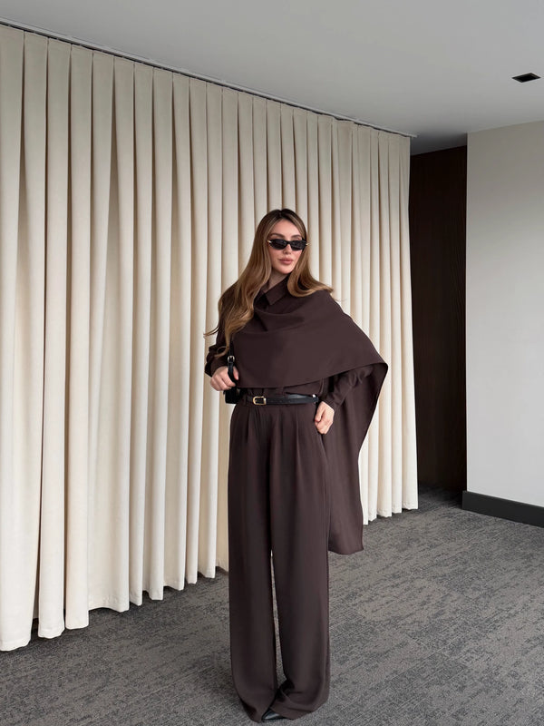 Kahverengi Kemerli Şal Yaka Gömlek Pantolon Takım - 8004