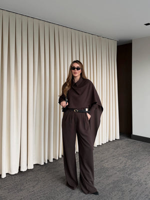 Kahverengi Kemerli Şal Yaka Gömlek Pantolon Takım - 8004