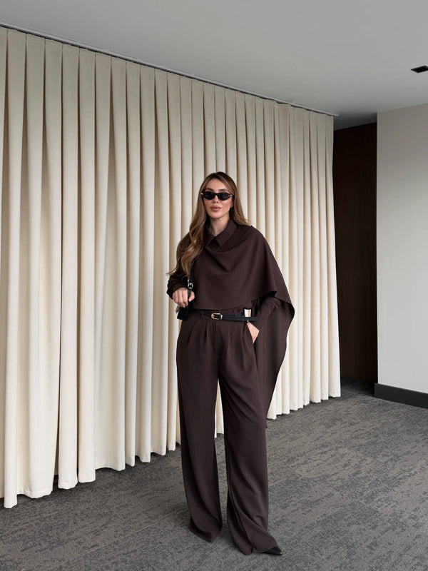 Kahverengi Kemerli Şal Yaka Gömlek Pantolon Takım - 8004