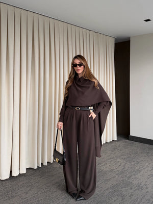 Kahverengi Kemerli Şal Yaka Gömlek Pantolon Takım - 8004