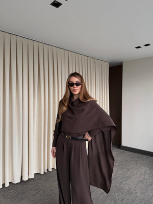 Kahverengi Kemerli Şal Yaka Gömlek Pantolon Takım - 8004