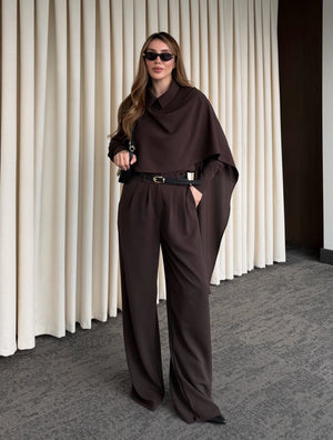 Kahverengi Kemerli Şal Yaka Gömlek Pantolon Takım - 8004