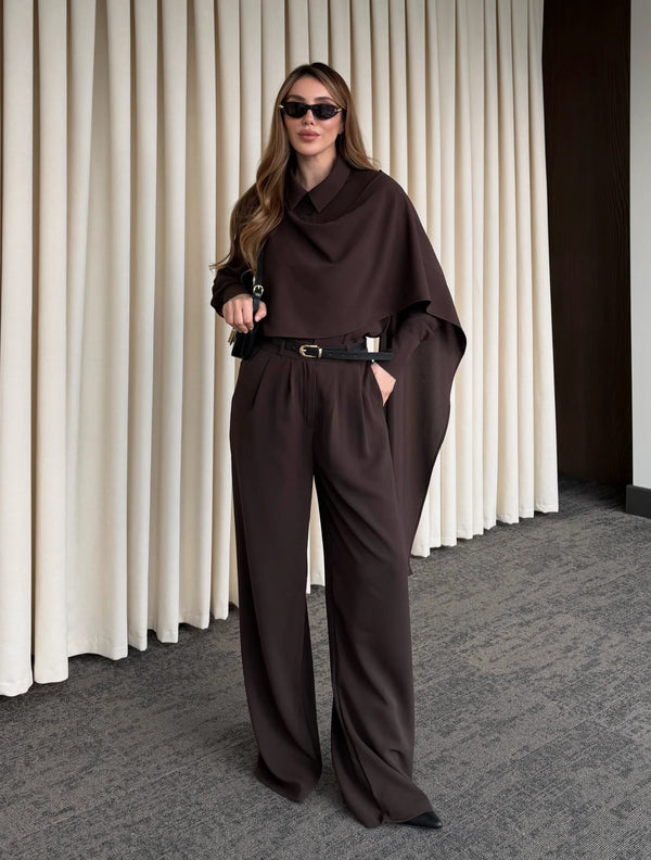 Kahverengi Kemerli Şal Yaka Gömlek Pantolon Takım - 8004