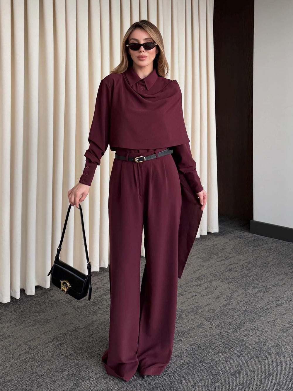 Bordo Kemerli Şal Yaka Gömlek Pantolon Takım - 8004