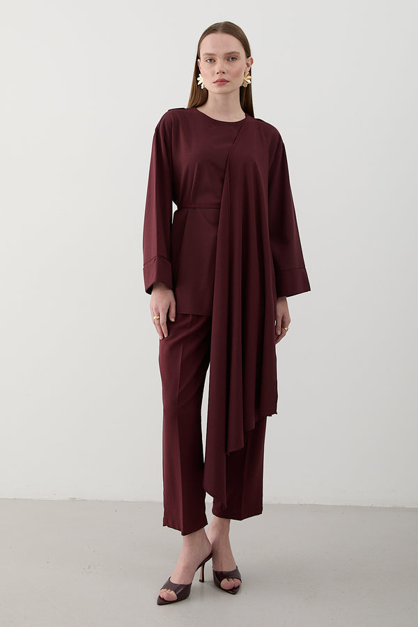 Bordo Kendinden Şallı Bluz Pantolon Takım - 8752