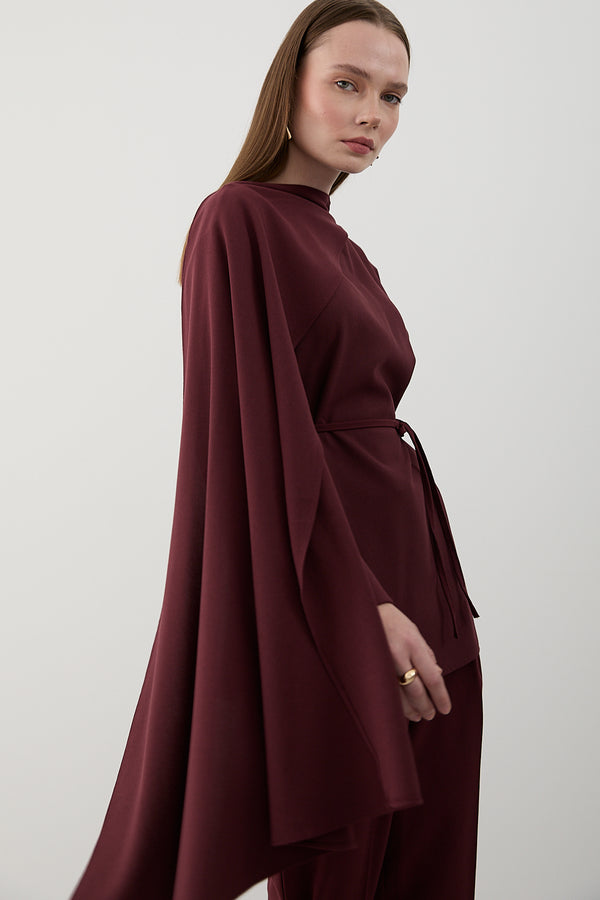 Bordo Kendinden Şallı Bluz Pantolon Takım - 8752