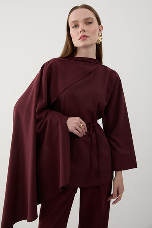 Bordo Kendinden Şallı Bluz Pantolon Takım - 8752