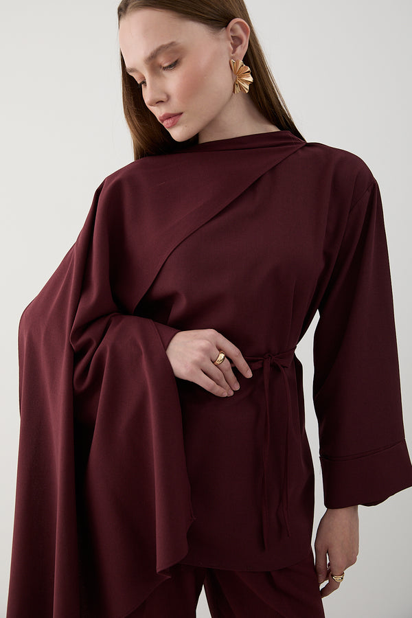 Bordo Kendinden Şallı Bluz Pantolon Takım - 8752
