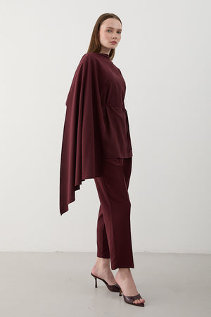 Bordo Kendinden Şallı Bluz Pantolon Takım - 8752