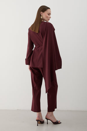 Bordo Kendinden Şallı Bluz Pantolon Takım - 8752