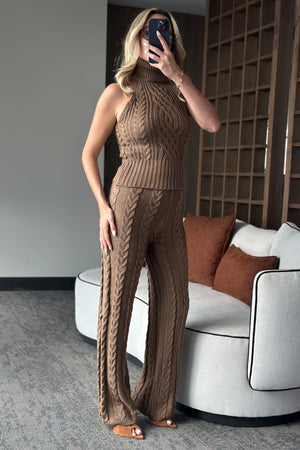 Sütlü Kahve Kolsuz Bluz Pantolon Takım - 3009