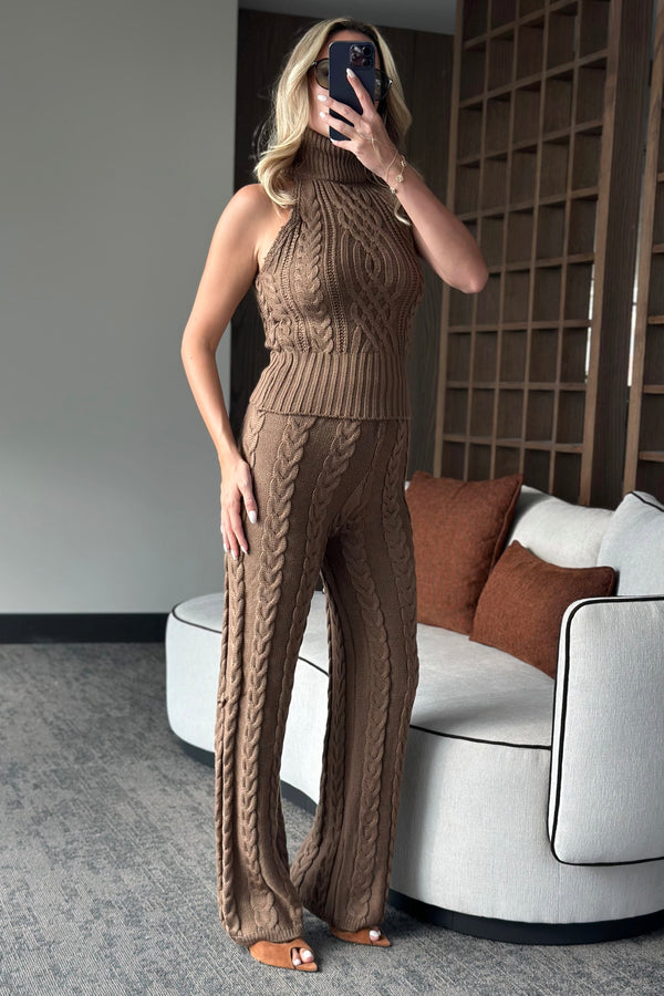 Sütlü Kahve Kolsuz Bluz Pantolon Takım - 3009