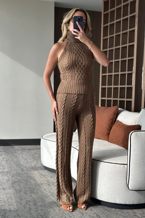 Sütlü Kahve Kolsuz Bluz Pantolon Takım - 3009