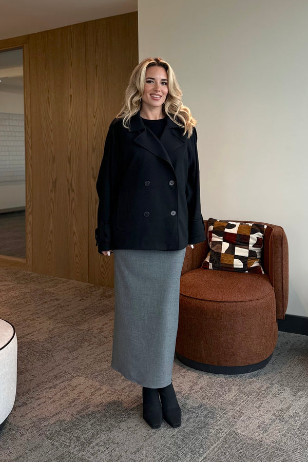 Siyah Kruvaze Kısa Trençkot - 7537