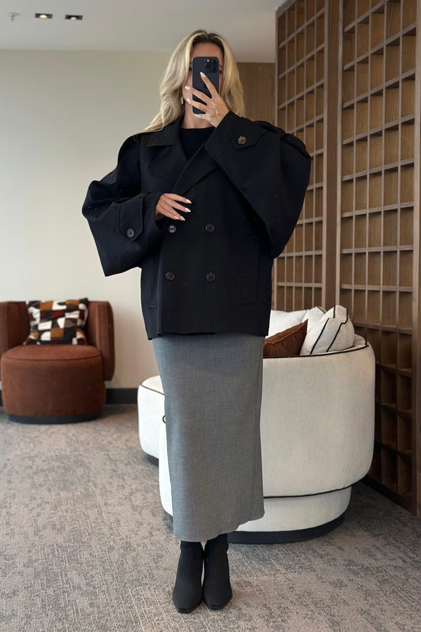 Siyah Kruvaze Kısa Trençkot - 7537