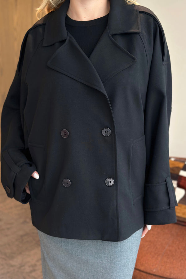 Siyah Kruvaze Kısa Trençkot - 7537