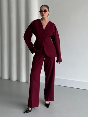 Bordo Lorah Belden Oturtmalı Ceket Pantolon Takım
