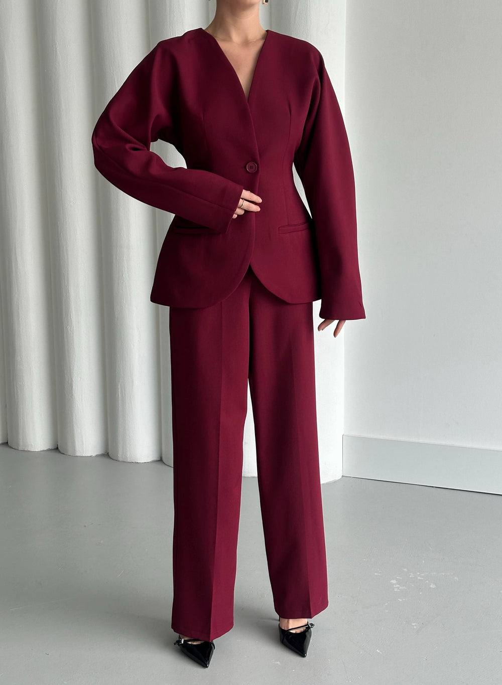 Bordo Lorah Belden Oturtmalı Ceket Pantolon Takım