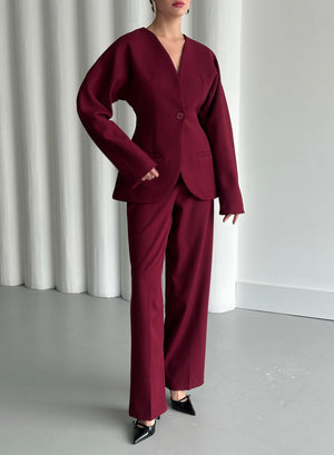 Bordo Lorah Belden Oturtmalı Ceket Pantolon Takım