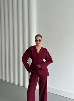 Bordo Lorah Belden Oturtmalı Ceket Pantolon Takım