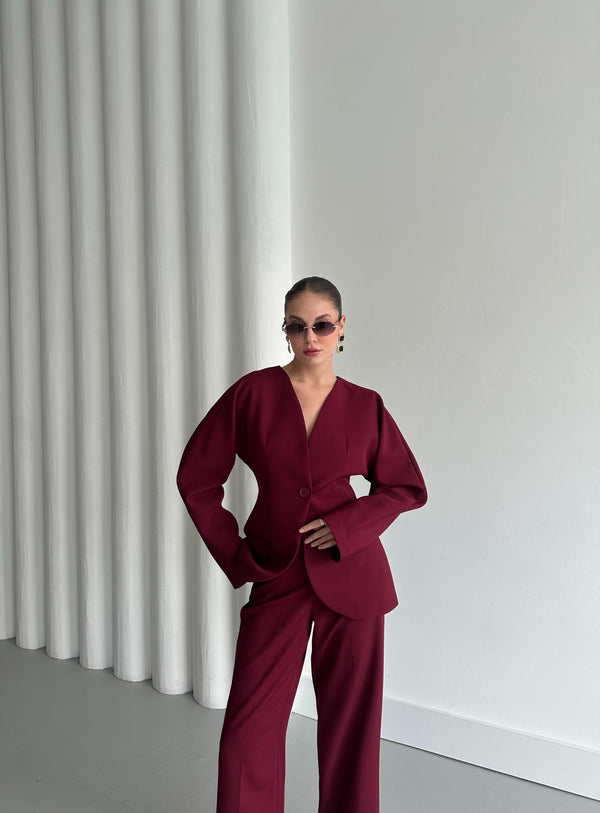 Bordo Lorah Belden Oturtmalı Ceket Pantolon Takım