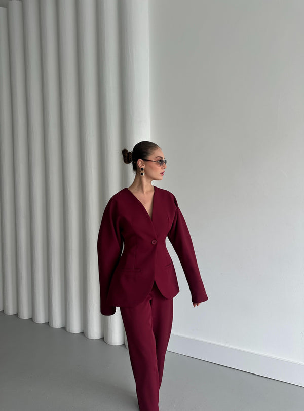 Bordo Lorah Belden Oturtmalı Ceket Pantolon Takım