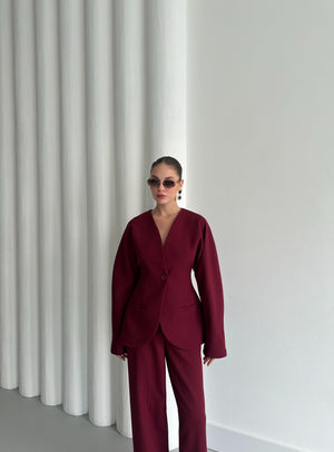 Bordo Lorah Belden Oturtmalı Ceket Pantolon Takım