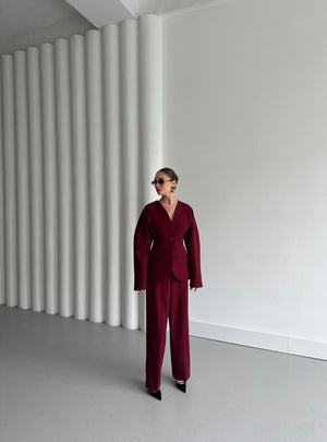 Bordo Lorah Belden Oturtmalı Ceket Pantolon Takım