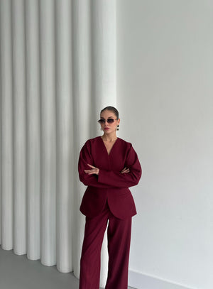 Bordo Lorah Belden Oturtmalı Ceket Pantolon Takım