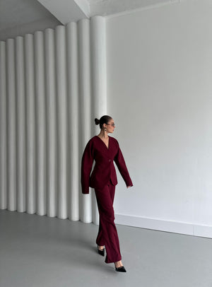 Bordo Lorah Belden Oturtmalı Ceket Pantolon Takım