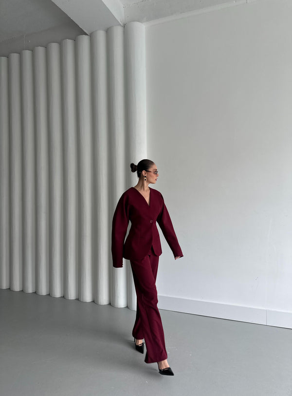 Bordo Lorah Belden Oturtmalı Ceket Pantolon Takım