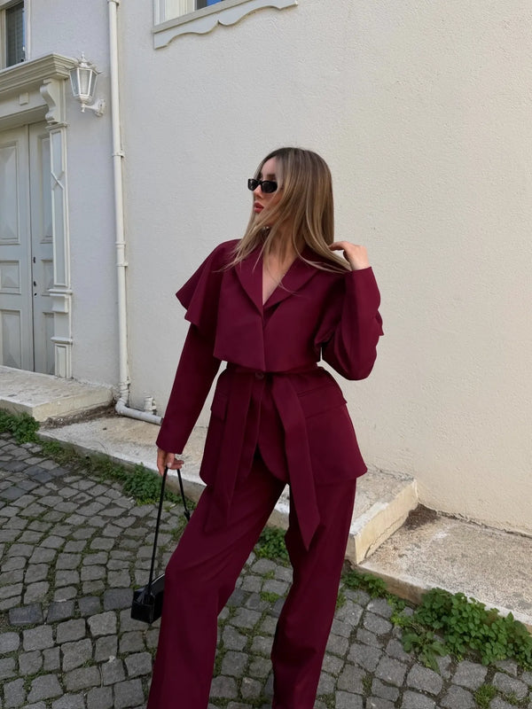 Bordo Pelerinli Kuşaklı Çift Düğmeli Ceket Pantolon Takım - 8325
