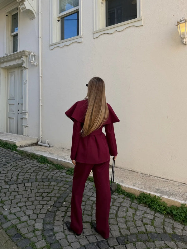 Bordo Pelerinli Kuşaklı Çift Düğmeli Ceket Pantolon Takım - 8325