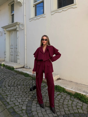 Bordo Pelerinli Kuşaklı Çift Düğmeli Ceket Pantolon Takım - 8325