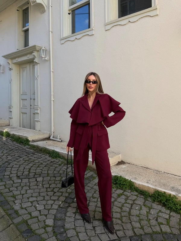 Bordo Pelerinli Kuşaklı Çift Düğmeli Ceket Pantolon Takım - 8325