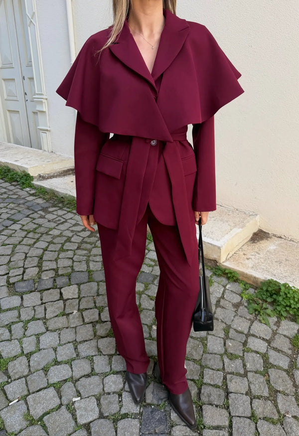 Bordo Pelerinli Kuşaklı Çift Düğmeli Ceket Pantolon Takım - 8325