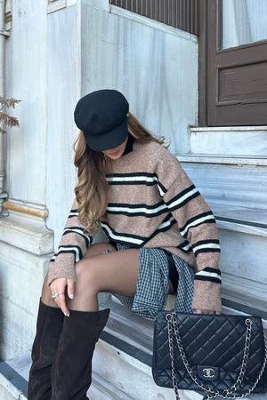 Kahverengi Renkli Çizgili Oversize Triko Kazak - 2516