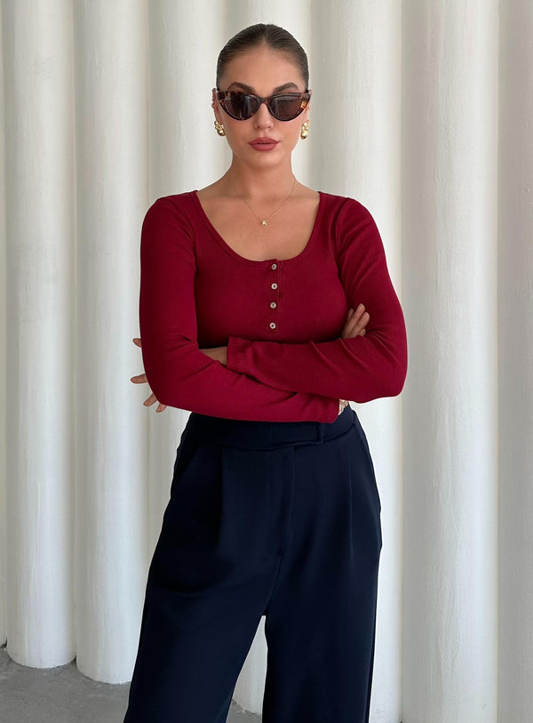 Bordo Sedef Düğmeli Uzun Tshirt