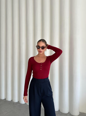 Bordo Sedef Düğmeli Uzun Tshirt