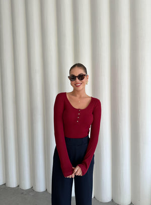 Bordo Sedef Düğmeli Uzun Tshirt