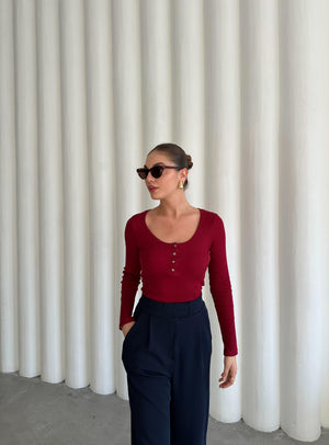 Bordo Sedef Düğmeli Uzun Tshirt