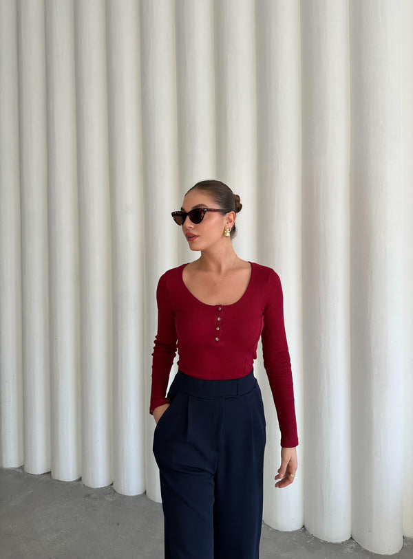 Bordo Sedef Düğmeli Uzun Tshirt