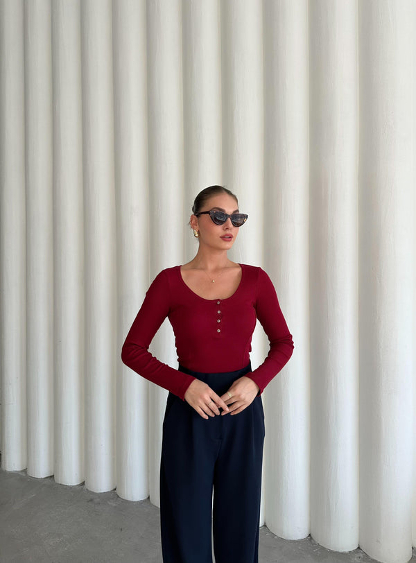Bordo Sedef Düğmeli Uzun Tshirt