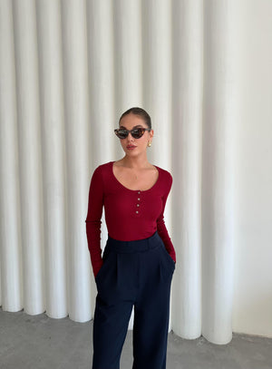 Bordo Sedef Düğmeli Uzun Tshirt